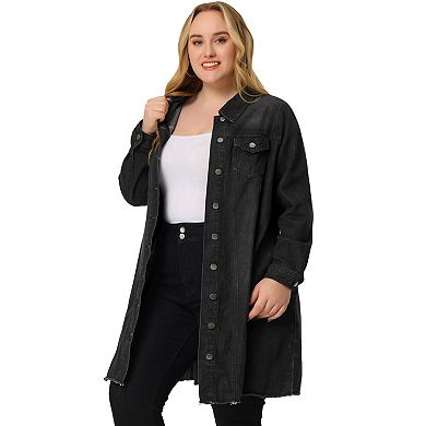 Women's Plus Size Ripped Long Sleeve Mid Length Denim Jacket