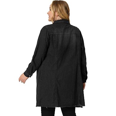Women's Plus Size Ripped Long Sleeve Mid Length Denim Jacket