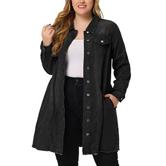 Women's Plus Size Ripped Long Sleeve Mid Length Denim Jacket