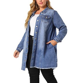 Women's Plus Size Ripped Long Sleeve Mid Length Denim Jacket