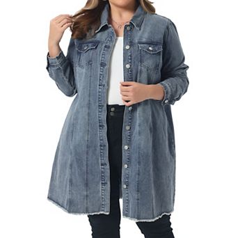 Women's Plus Size Ripped Long Sleeve Mid Length Denim Jacket