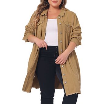 Women's Plus Size Ripped Long Sleeve Mid Length Denim Jacket