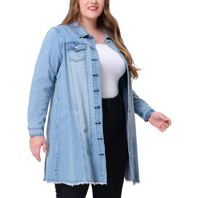 A woman wearing a light blue Agnes Orinda Plus Size Ripped Long Sleeve Mid Length Denim Jacket with a white shirt and black jeans