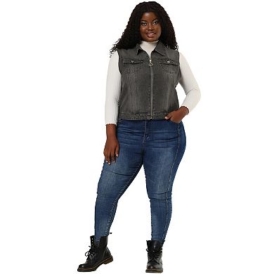 Women's Plus Size Trucker Zipper Front Sleeveless Denim Vest Jacket