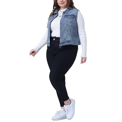 Women's Plus Size Trucker Zipper Front Sleeveless Denim Vest Jacket