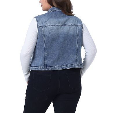 Women's Plus Size Trucker Zipper Front Sleeveless Denim Vest Jacket