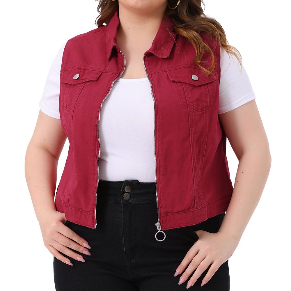 Women's Plus Size Trucker Zipper Front Sleeveless Denim Vest Jacket