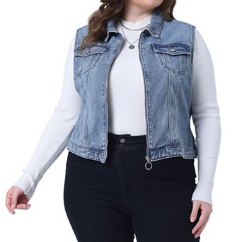 Women's Plus Size Trucker Zipper Front Sleeveless Denim Vest Jacket