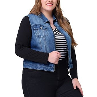 Women's Plus Size Trucker Zipper Front Sleeveless Denim Vest Jacket