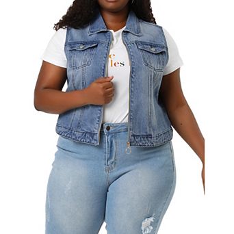 Women's Plus Size Trucker Zipper Front Sleeveless Denim Vest Jacket