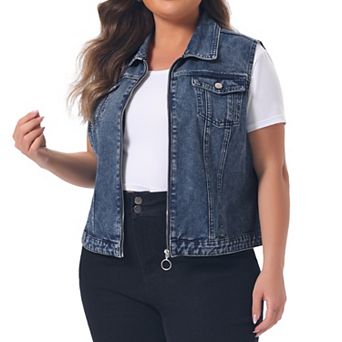 Women's Plus Size Trucker Zipper Front Sleeveless Denim Vest Jacket