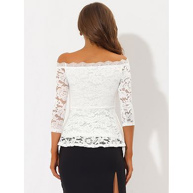 Elegant Lace Blouse For Women's Semi Sheer 3/4 Sleeve Off Shoulder Peplum Top