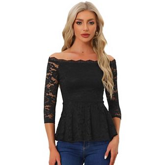 Elegant Lace Blouse For Women's Semi Sheer 3/4 Sleeve Off Shoulder Peplum Top