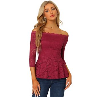 Elegant Lace Blouse For Women's Semi Sheer 3/4 Sleeve Off Shoulder Peplum Top