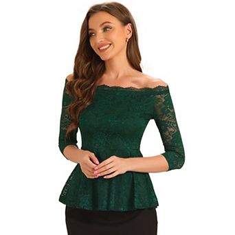 Elegant Lace Blouse For Women's Semi Sheer 3/4 Sleeve Off Shoulder Peplum Top