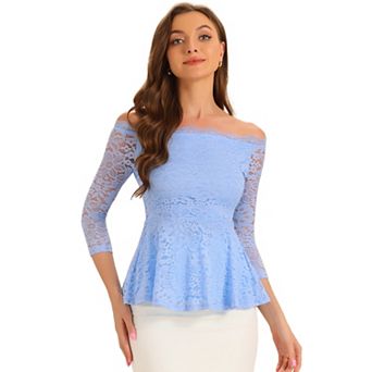 Elegant Lace Blouse For Women's Semi Sheer 3/4 Sleeve Off Shoulder Peplum Top