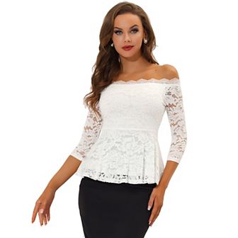 Elegant Lace Blouse For Women's Semi Sheer 3/4 Sleeve Off Shoulder Peplum Top