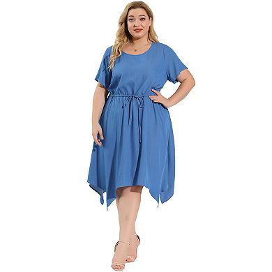 Women's Plus Size Denim Dresses Round Neck A Line Drawstring Midi ...