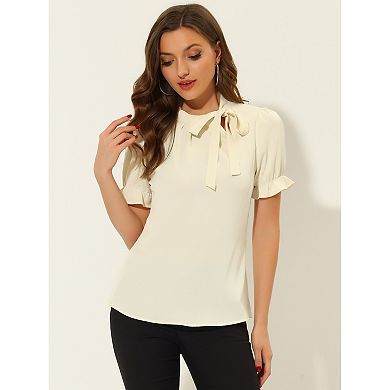 Women's Bow Tie Neck Tops Elegant Office Short Sleeve Blouse