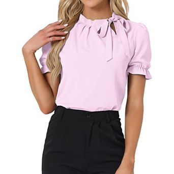 Women's Bow Tie Neck Elegant Office Short Sleeve Blouse