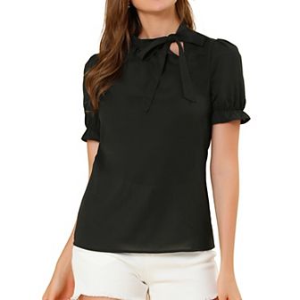 Women's Bow Tie Neck Elegant Office Short Sleeve Blouse