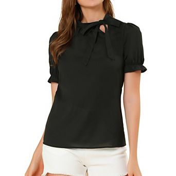 Women's Bow Tie Neck Elegant Office Short Sleeve Blouse