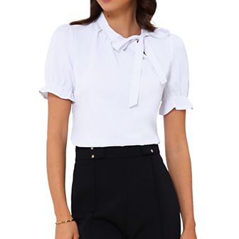 Women's Bow Tie Neck Elegant Office Short Sleeve Blouse