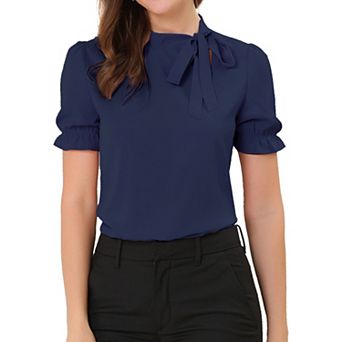 Women's Bow Tie Neck Elegant Office Short Sleeve Blouse