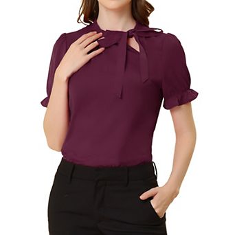 Women's Bow Tie Neck Elegant Office Short Sleeve Blouse