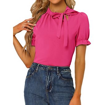 Women's Bow Tie Neck Elegant Office Short Sleeve Blouse