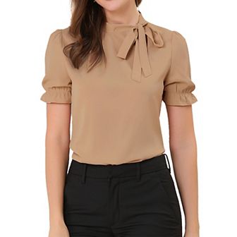 Women's Bow Tie Neck Elegant Office Short Sleeve Blouse