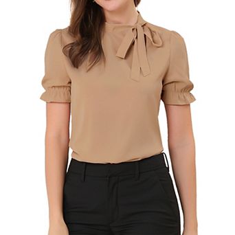 Women's Bow Tie Neck Elegant Office Short Sleeve Blouse
