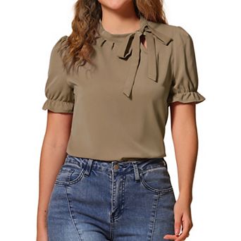 Women's Bow Tie Neck Elegant Office Short Sleeve Blouse