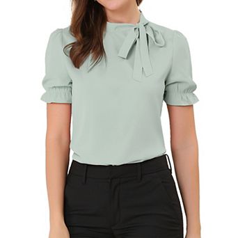 Women's Bow Tie Neck Elegant Office Short Sleeve Blouse