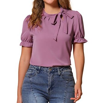 Women's Bow Tie Neck Elegant Office Short Sleeve Blouse
