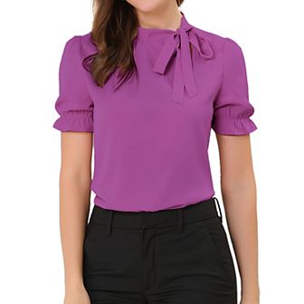 Women's Bow Tie Neck Elegant Office Short Sleeve Blouse