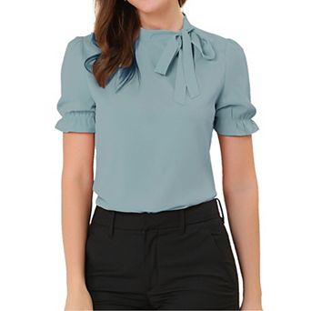 Women's Bow Tie Neck Elegant Office Short Sleeve Blouse