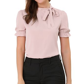 Women's Bow Tie Neck Elegant Office Short Sleeve Blouse