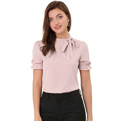 Women s Bow Tie Neck Tops Elegant Office Short Sleeve Blouse