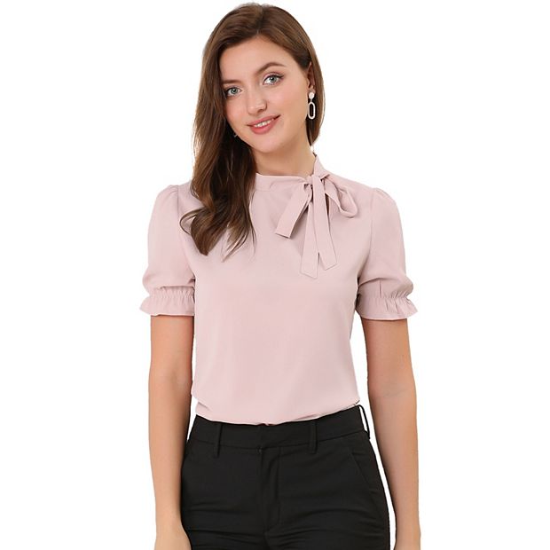 Women's Bow Tie Neck Tops Elegant Office Short Sleeve Blouse