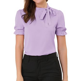 Women's Bow Tie Neck Elegant Office Short Sleeve Blouse