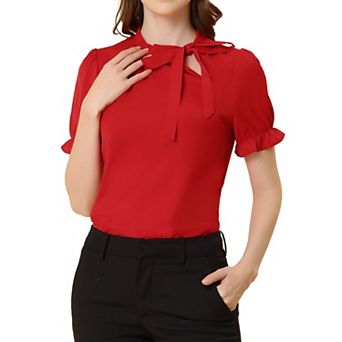 Women's Bow Tie Neck Elegant Office Short Sleeve Blouse