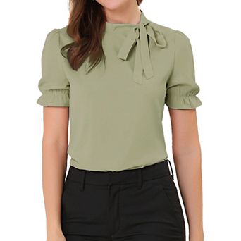 Women's Bow Tie Neck Elegant Office Short Sleeve Blouse
