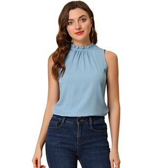 Women's Denim Sleeveless Top Frill Mock Neck Ruffle Chambray Blouse
