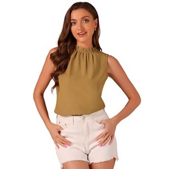 Women's Denim Sleeveless Top Frill Mock Neck Ruffle Chambray Blouse