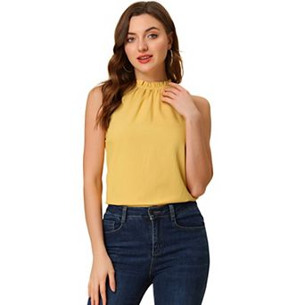 Women's Denim Sleeveless Top Frill Mock Neck Ruffle Chambray Blouse