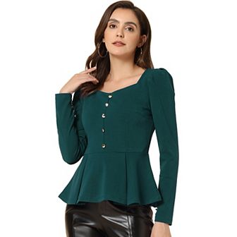 Women's Square Neck Peplum Top Long Sleeve Knit Party Club Blouse