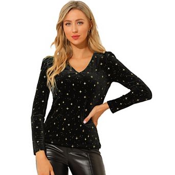 Women's Velvet V-Neck Long Sleeve Gilding Shiny Metallic Stars Top