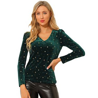 Women's Velvet V-Neck Long Sleeve Gilding Shiny Metallic Stars Top