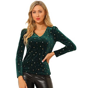 Women's Velvet V-Neck Long Sleeve Gilding Shiny Metallic Stars Top